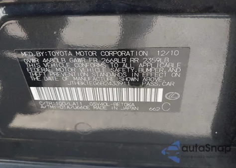 2011 Lexus Es 350 z USA, uszkodzony, nr VIN JTHBK1EG6B2433911